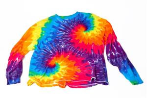 Very brightly colored rainbow tie-dye shirt.